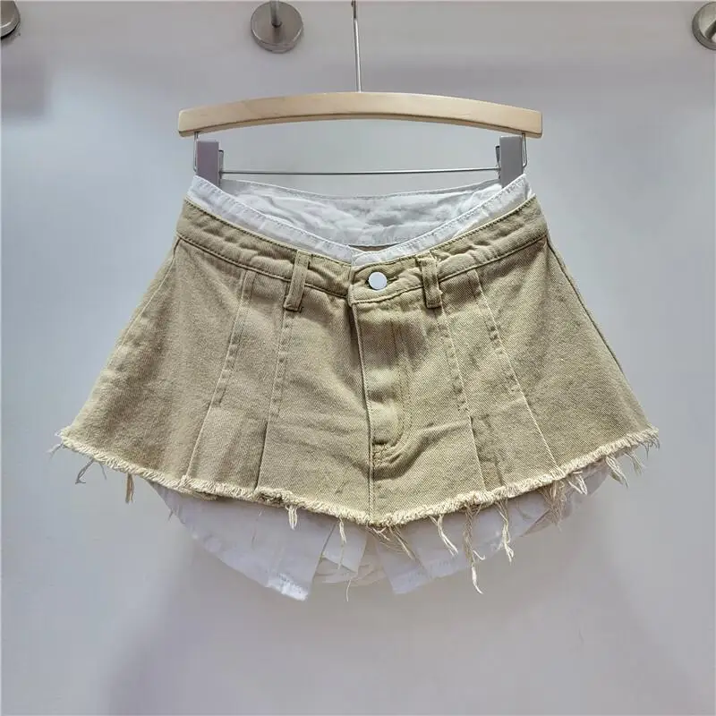 Trendy Women Denim Mini Skirt High Waist Fake Two Piece A Line Irregular Hem Autumn Fashion Skirt