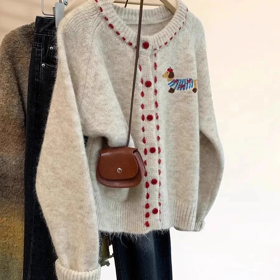 SMVP 2026 Animal Embroidery Knitted Cardigan Women's Sweater Single-breasted O-neck Sweaters Coat Autumn Fashion Casual Knitwear