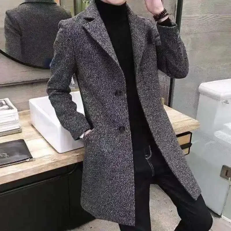 New Arrival Autumn Winter Men's Woolen Overcoat Korean Style Slim Fit Medium-length Business Trench Coat Smooths Your Silhouette