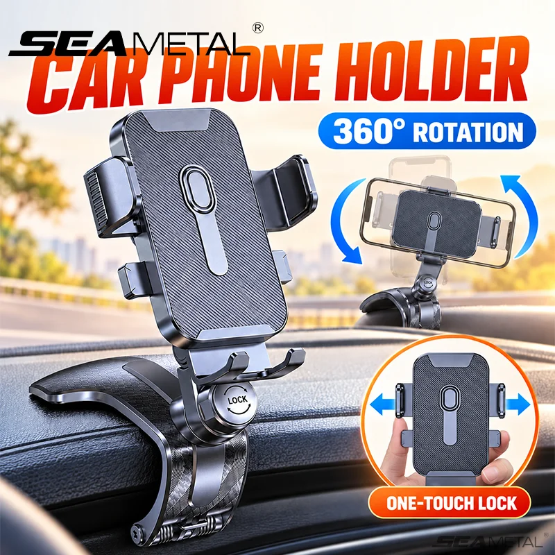 SEAMETAL Car Phone Holder 360 Degree Rotation Dashboard Clip Cell Phone Mount Bracket One-Touch Lock Support Universal