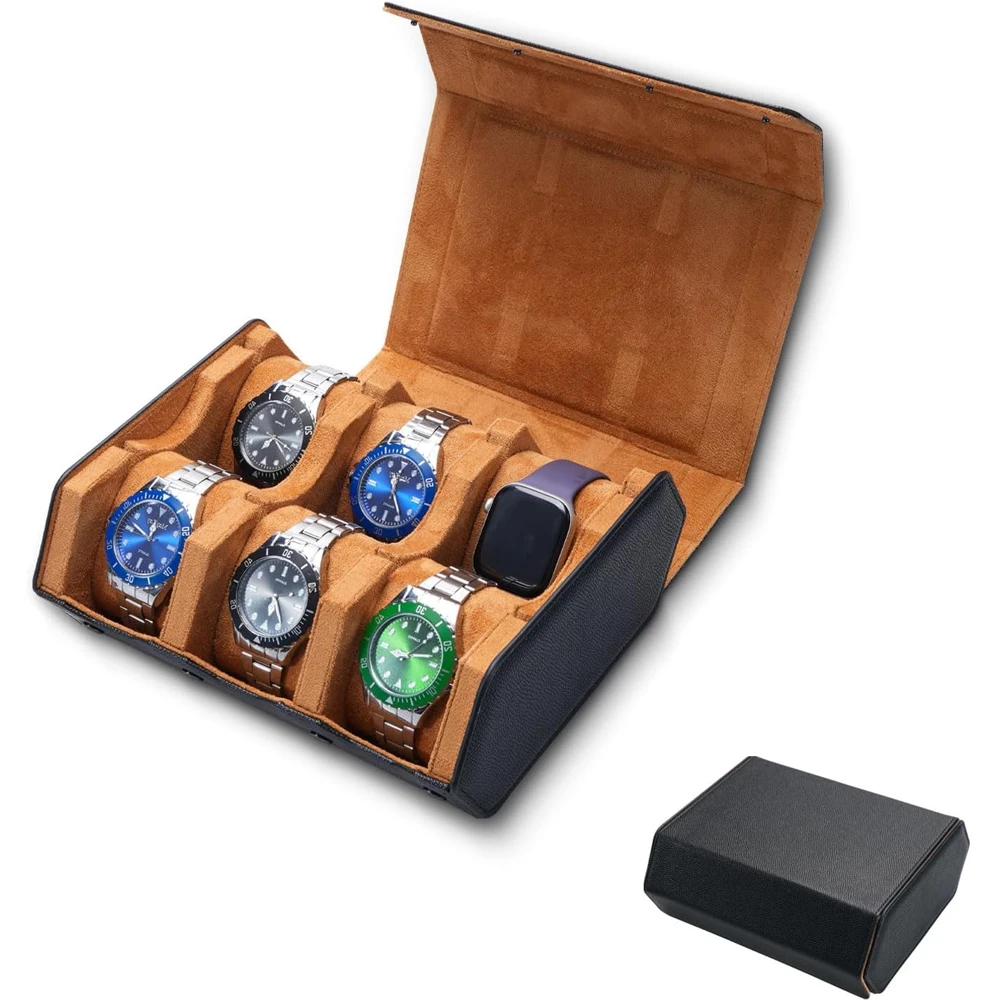 6 Watch Travel Case, Leather Trave Watchl Case for Men and Travel Box, Hexagonal Watch Roll, Accommodating Watches