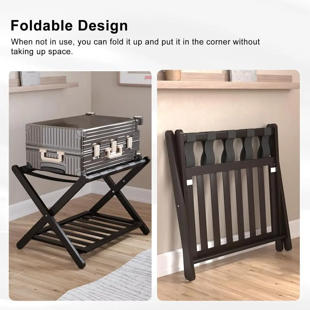 ully Assembled Black Lage Racks Pack o 2, Upgraded Bamboo oldable Suitcase Stand with 5 Nylon Straps, Lage Holder with Shel or G