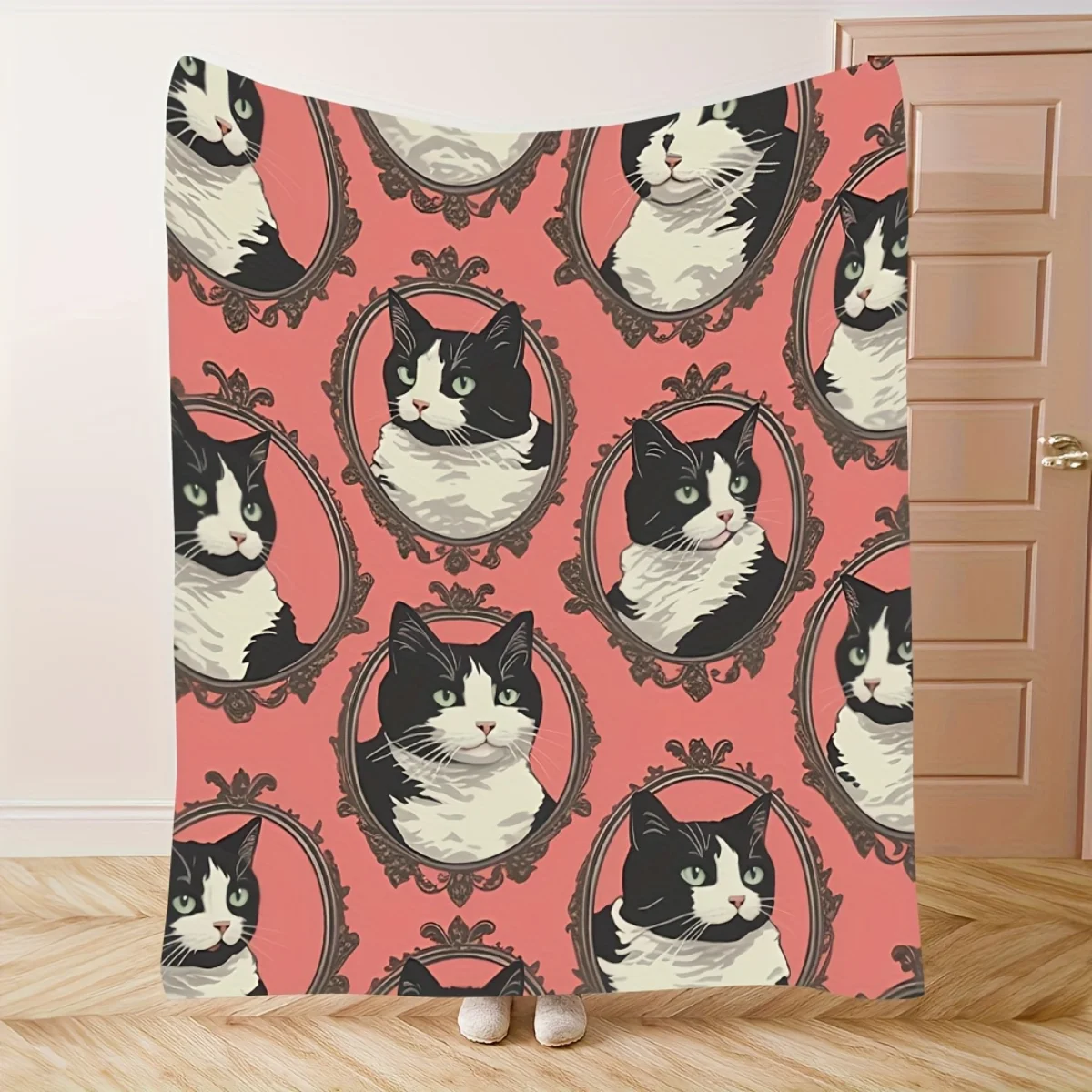 بطانية من الفلانيل بنمط صورة قطة باللونين الأبيض والأسود - ناعمة ودافئة، مثالية للتخييم والأرائك والأسرة والكراسي، #2