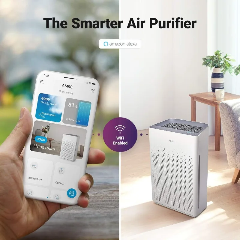 WIIX-Purificateur d'air AM90 avec moniteur de qualité de l'air, True HEPA, filtre à charbon, mode automatique, maison, grande pièce, jusqu'à 1740 Ft² en 1 Hr