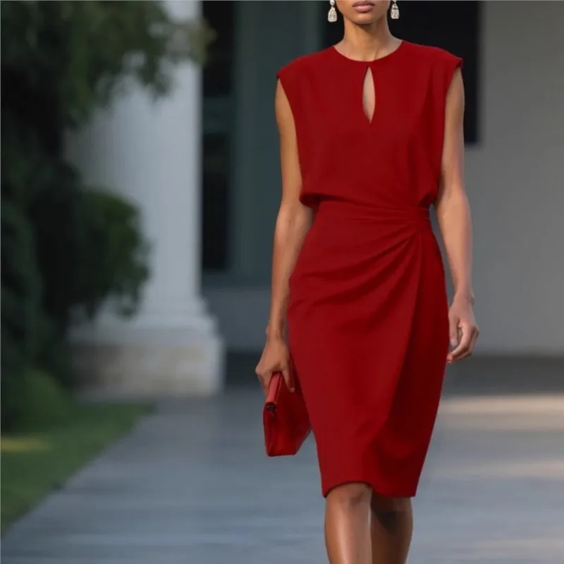 

Retro Style Fashionable Women's Dress 2025 Summer Edition Cross-solid Knotted Round Neck Sleeveless Cutout Office Casual Dress
