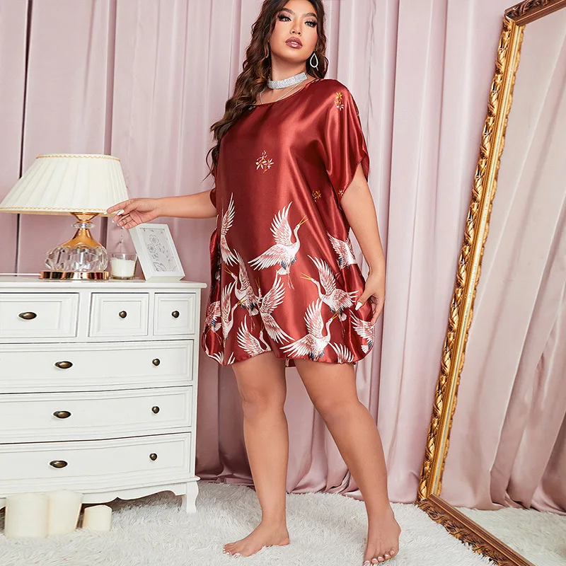 Oversize 4XL 5XL Nightgown Women Sexy Print Crane Kimono Dressing Gown Mini Sleepwear Loose Loungewear Short Nightwear Lingerie