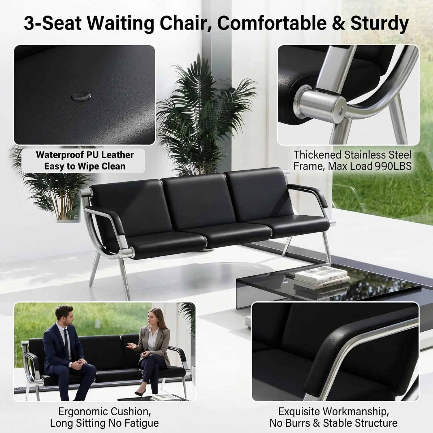 Black PU Leather 3-Seat Reception Sofa Bench, Padded Waiting Room Chair for Bank Office Hospital Lobby