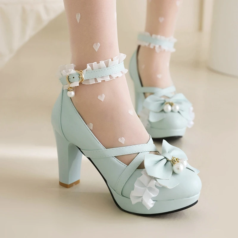 Sweet Cross Ankle Strap Women High Heels Mary Janes Pumps Party Wedding Cosplay Pink Bowtie Princess Lolita Shoes Big Size 33 45