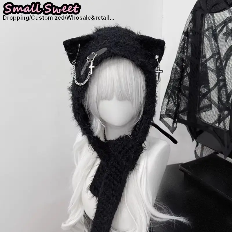 Women Punk Gothic Lolita Y2K Girl Cat Ear Knitted Hat Subculture Cute Warm Beanie Hat Autumn Winter Hip-hop Spike Hats Scarves