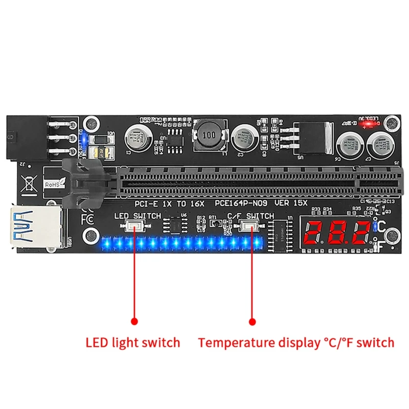 PCIE Riser 15X Plus pci-e 16X Riser VER15X Riser Card 6pin Power 14LED luci Display della temperatura per Miner Mining