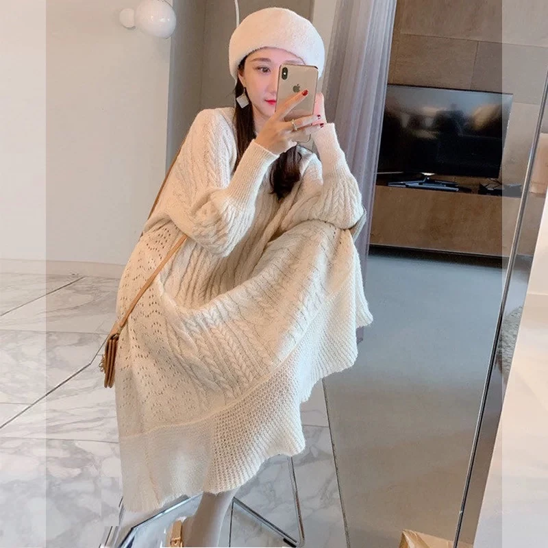 996# Autumn Winter Fashion Knitted Maternity Long Sweaters Loose Casual Dress Clothes for Pregnant Women Pregnancy Postpartum