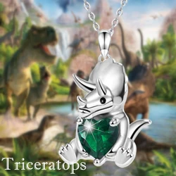 Creative Triceratops Heart Shape Green Crystal Pendant Necklace for Women Fashion Cartoon Dinosaur Jewelry Unique Birthday Gifts