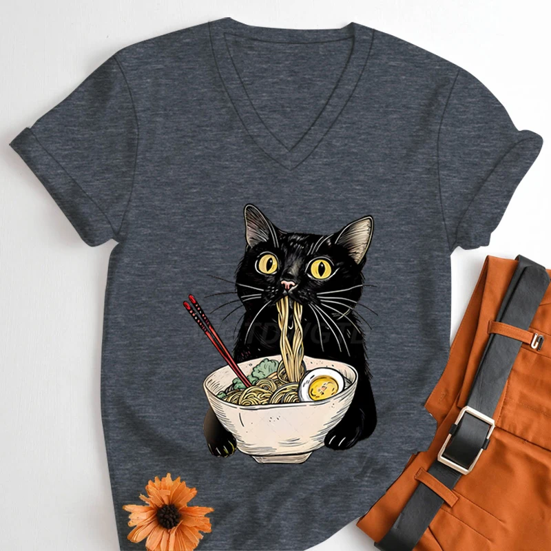 Kawaii Cat Eating Noodle Printed T-shirt Women Ramen Lovers V-neck Casual Tops Japanese Food Cute Cat Lovers Women's Clothing
