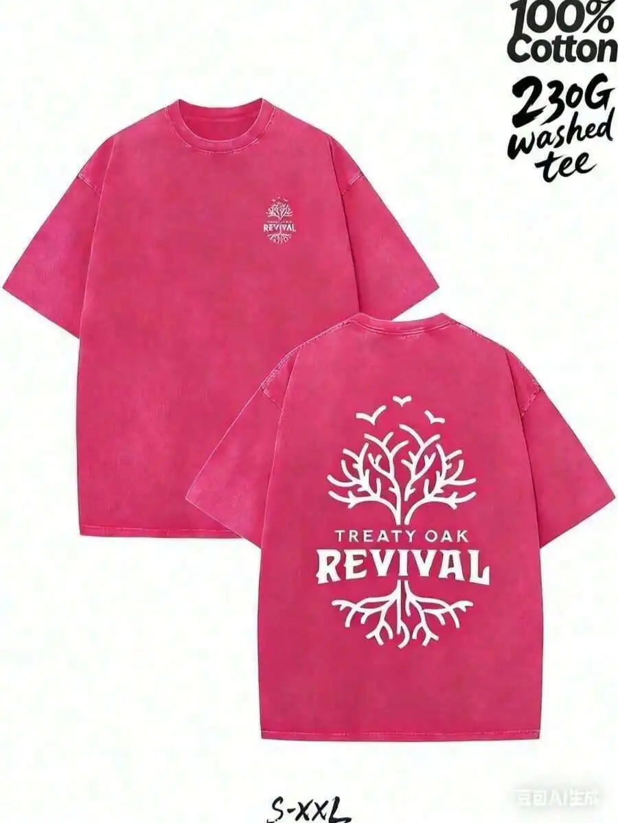 

Washed Pure Cotton T-Shirt With Treaty Oak Revival Graphic Print Loose Fit Casual Summer Top