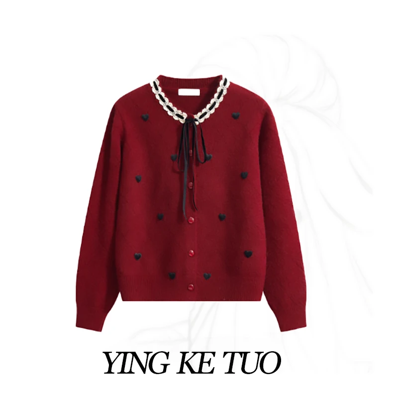 

Красный вязаный трикотаж, женское пальто с кружевной отделкой в стиле пэчворк, осенне-зимнее пальто для поездок на работу, полиэфирное волокно