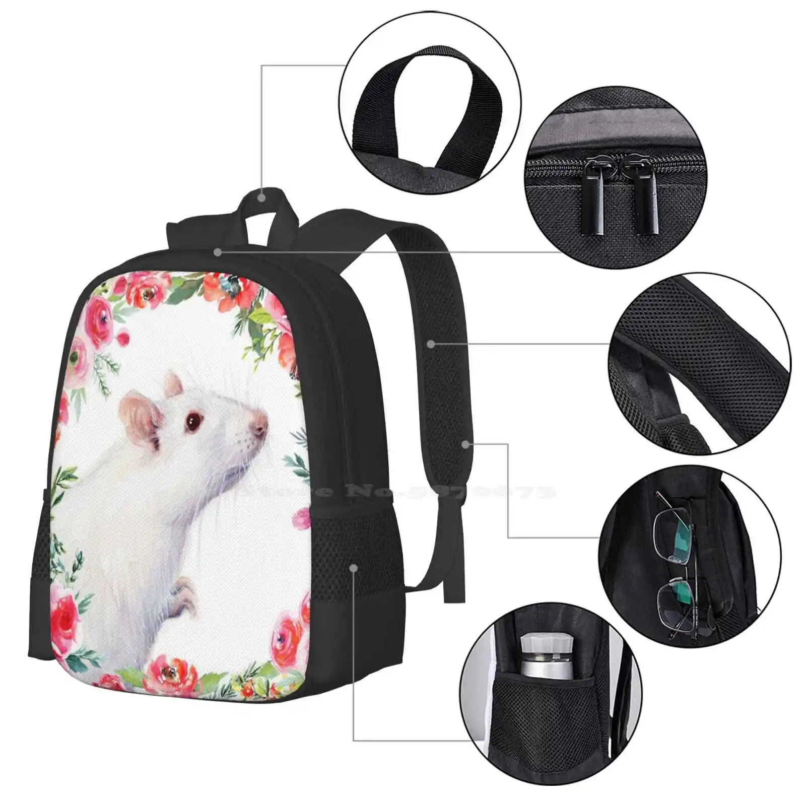 White Rat And Red Flowers Watercolor Floral Animal Fashion Pattern Design Travel Laptop School Backpack Bag White Rat Floral