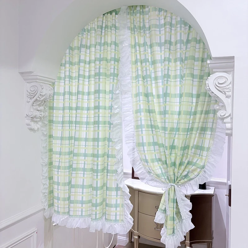 Idyllic Japan Checkered Pattern Door Curtains Cloth for Living Room Green Plaid Warp Ruffled Curtains for Kitchen #A659