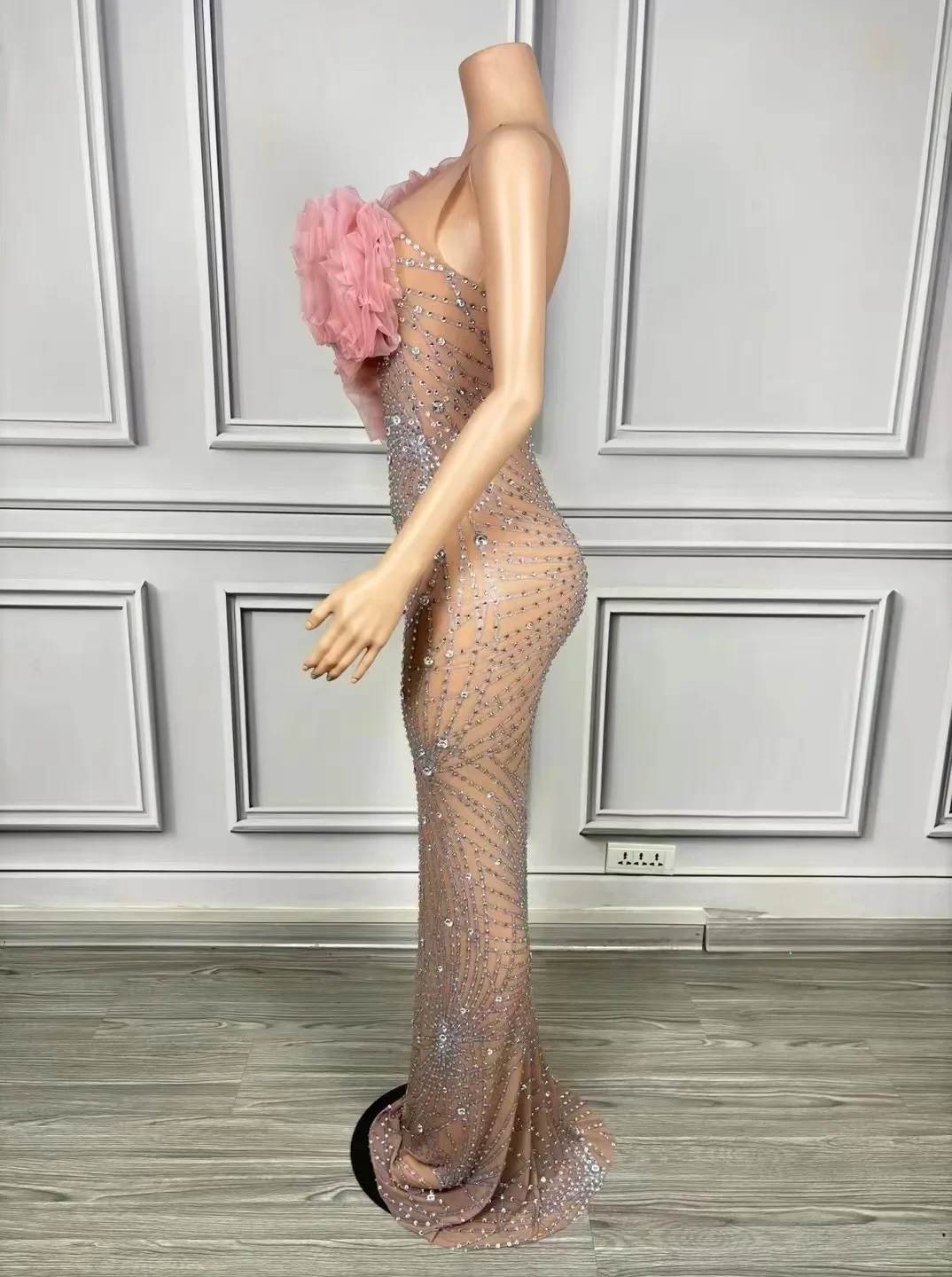 Błyszcząca sukienka z dżetów damska seksowna siateczkowa sceniczna bez rękawów przepuszczalność świętuj wieczorowy bal sukienka urodzinowa strój do sesji zdjęciowej