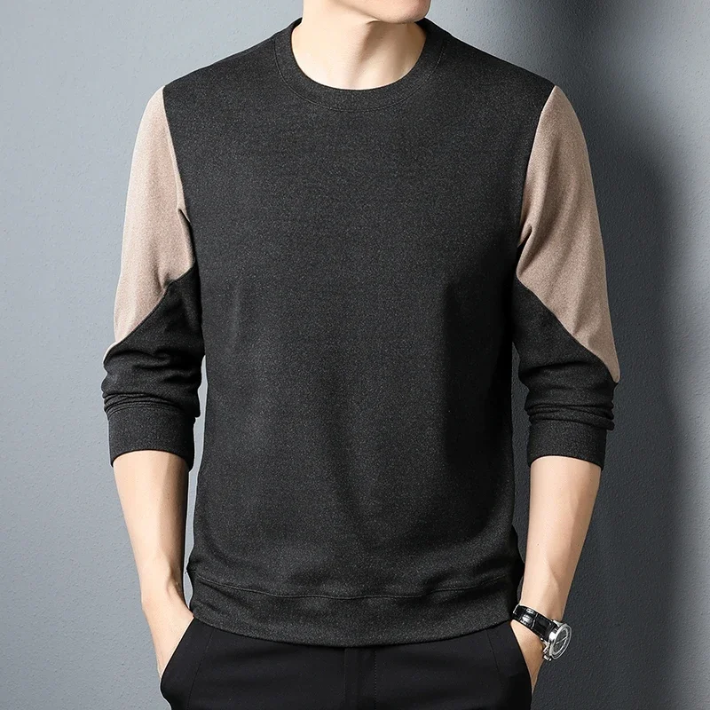 Men's Double-sided Velvet Round Neck T-shirt with Trendy Personality and Fashionable Color Blocking Long Sleeved Hoodie