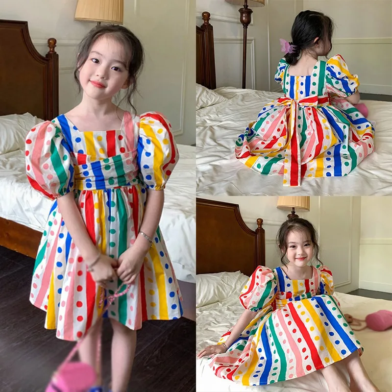 3-8 Years Baby Girls Dot Rainbow Dress Summer Princess Puff Sleeves Clothing Kids Cute Dresses Children Clothes Puffy Skirt