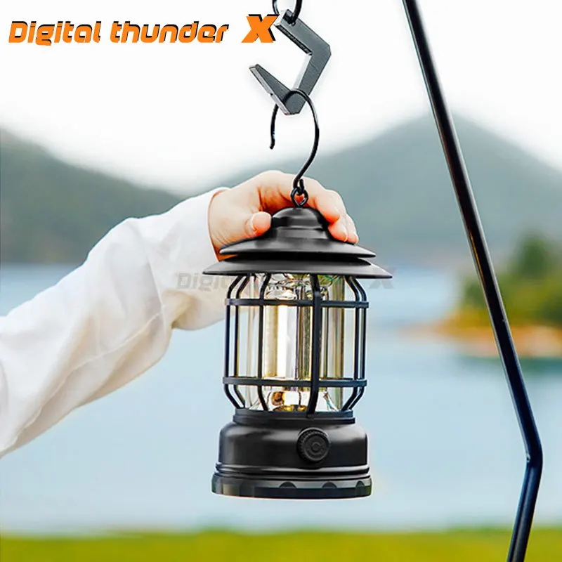 Retro Portable Camping Lantern, Outdoor Kerosene Vintage Lamp, Tent Light for Hiking, Climbing, Yard, USB Rechargeable