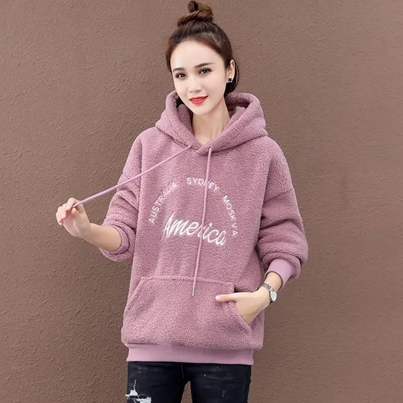 Autumn Winter Pocket Lamb Wool Sweater Women's Thicken Polar fleeceHoodies Long Sleeve Drawstring Sweatshirt Velvet Women Tops