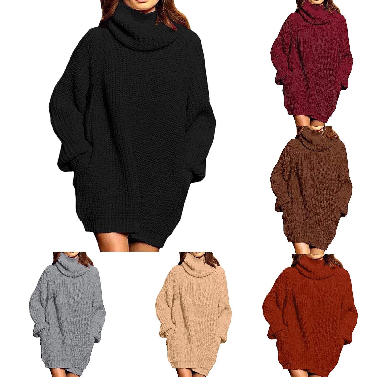 Autumn Winter Plus Size Elegant Knit Dress Women'S Solid Long Sleeve High Neck Conventional Type Thickening Sweater With Pockets