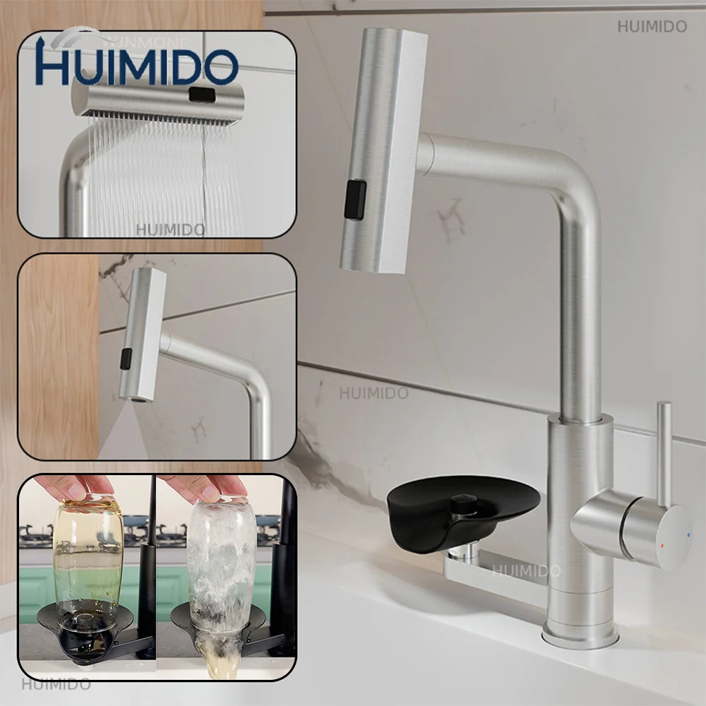 Brushed/Black Kitchen Sink Faucet with Cup Wash Waterfall Pull Out Nozzle Swivel Kitchen Faucets Single Hole Hot Cold Mixer Taps