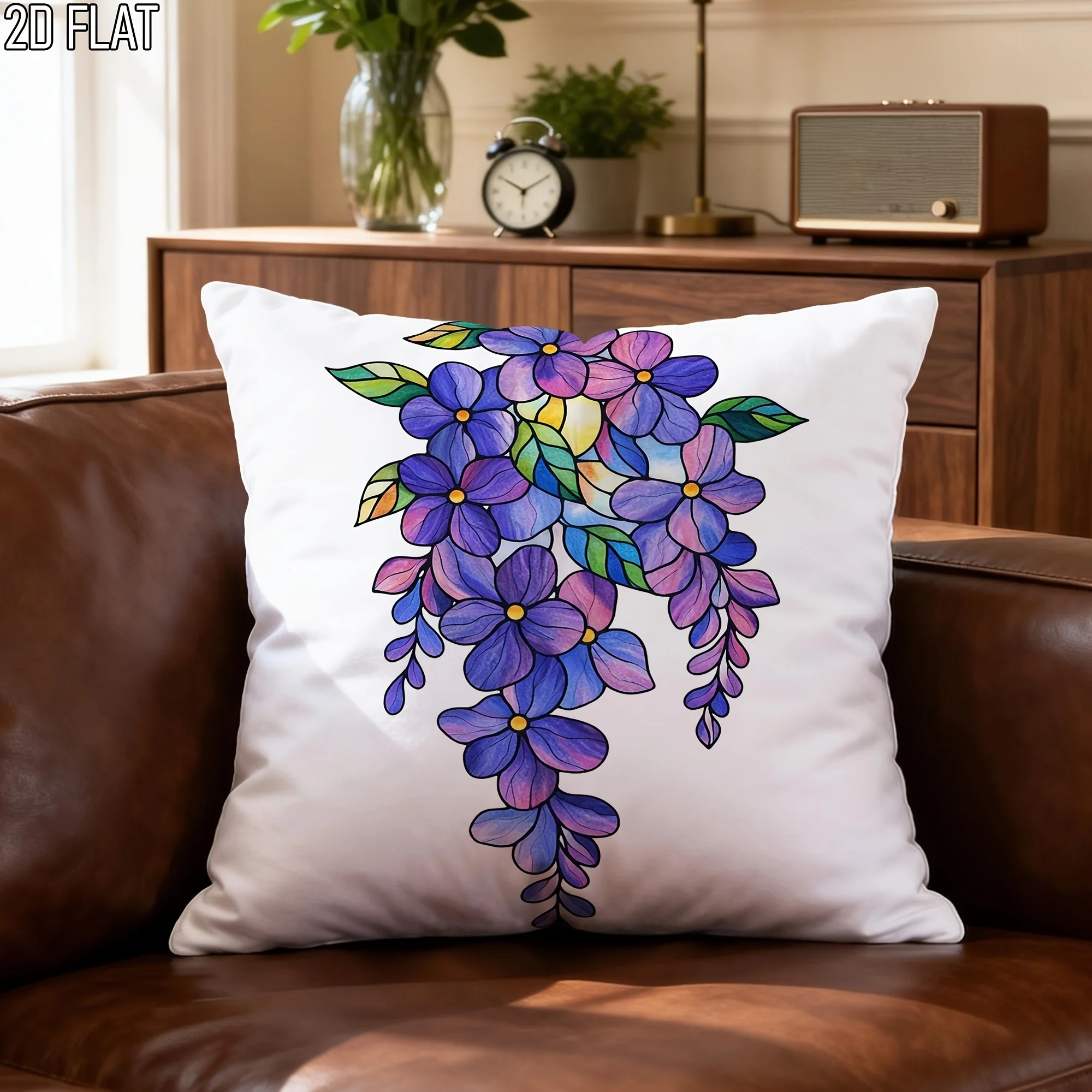 Violet Wisteria Pillow Cover Stained Glass Floral Design Green Leaves 16x16 Inch Square Boho Decor