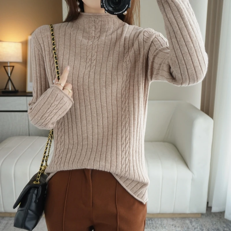 

2025 Autumn And Winter Curled edge Cashmere Sweater Women Half turtleneck Sweater Wear Pullover Cashmere Sweater Knitwear
