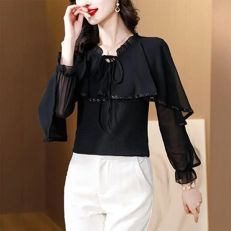 Commute Vintage Cloak Shirt Women\'s Clothing O-Neck Elegant Ruffles Spliced Spring Autumn Slim Chic Sequined Drawstring Blouse