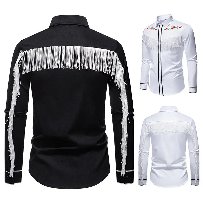 Male Retro Casual Over Size Tassels Shirts Trendy Men 2025 Four Seasons Wear Costume Rose Embroidered Flower Long Sleeve Shirt