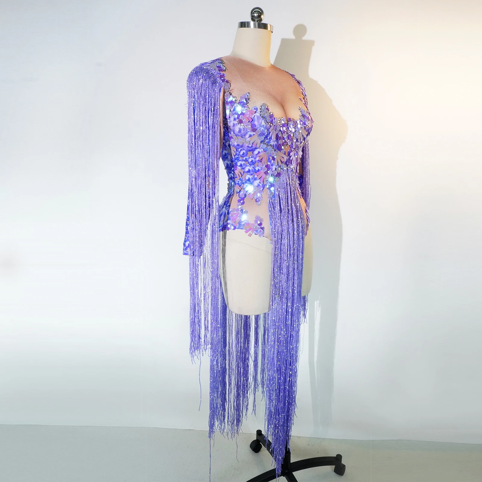 Custom Purple Fringes Sequin bodysuit women sexy Latin dance outfits stage performance party birthday club drag queen costumes