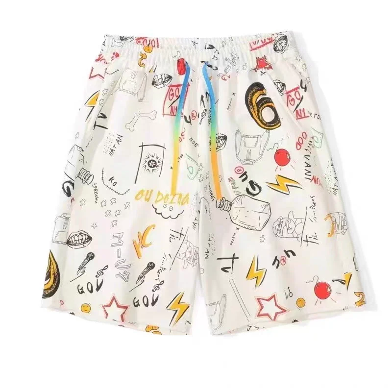 Shorts Men's Summer Beach Loose Floral Pinnie Pants Men's Casual Outfits Handsome Cartoon Graffiti Prints