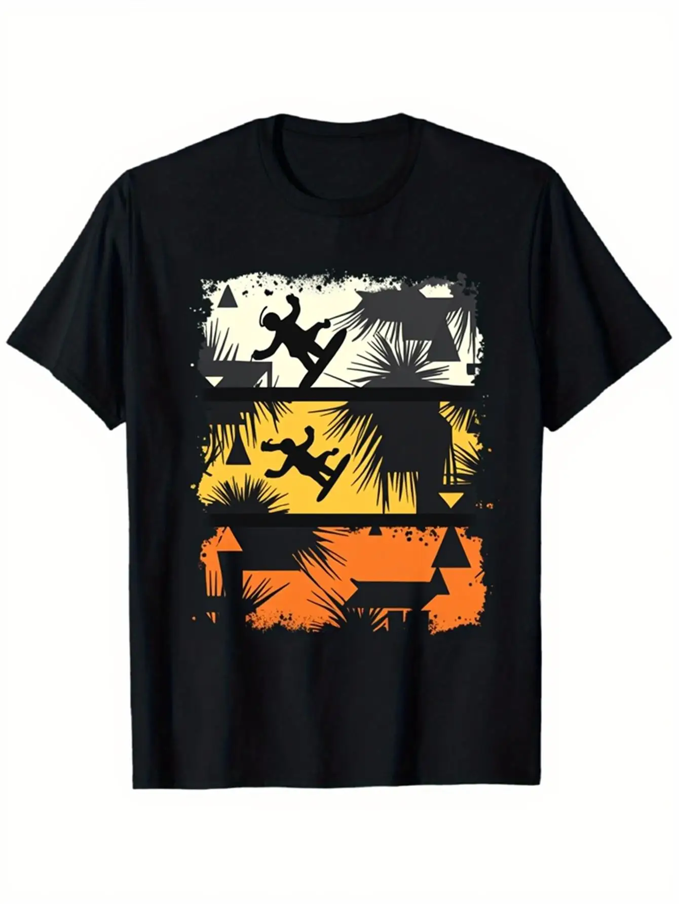 Vintage Men's Black Graphic T-Shirt Rock Climbing Silhouette Palm Tree Sunset Distressed Retro Adventure Print 100% Cotton Heavyweight Short Sleeve Casual Streetwear Tee