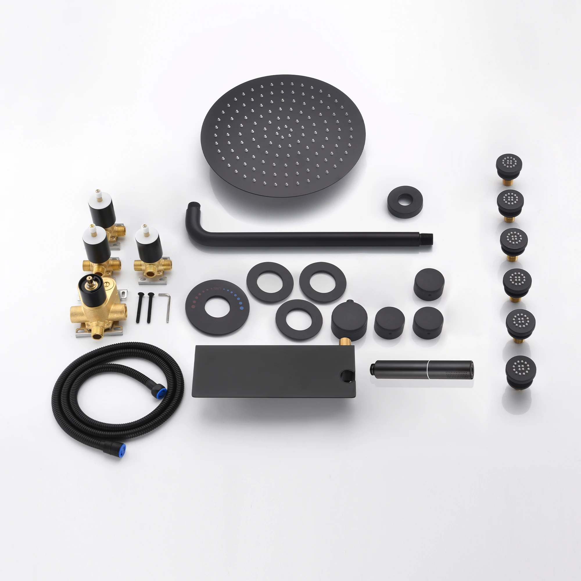 

Luxury Thermostatic Concealed Shower Mixer Bathroom in Wall Jet Massage Shower Set Black Led Shower System Rainfall