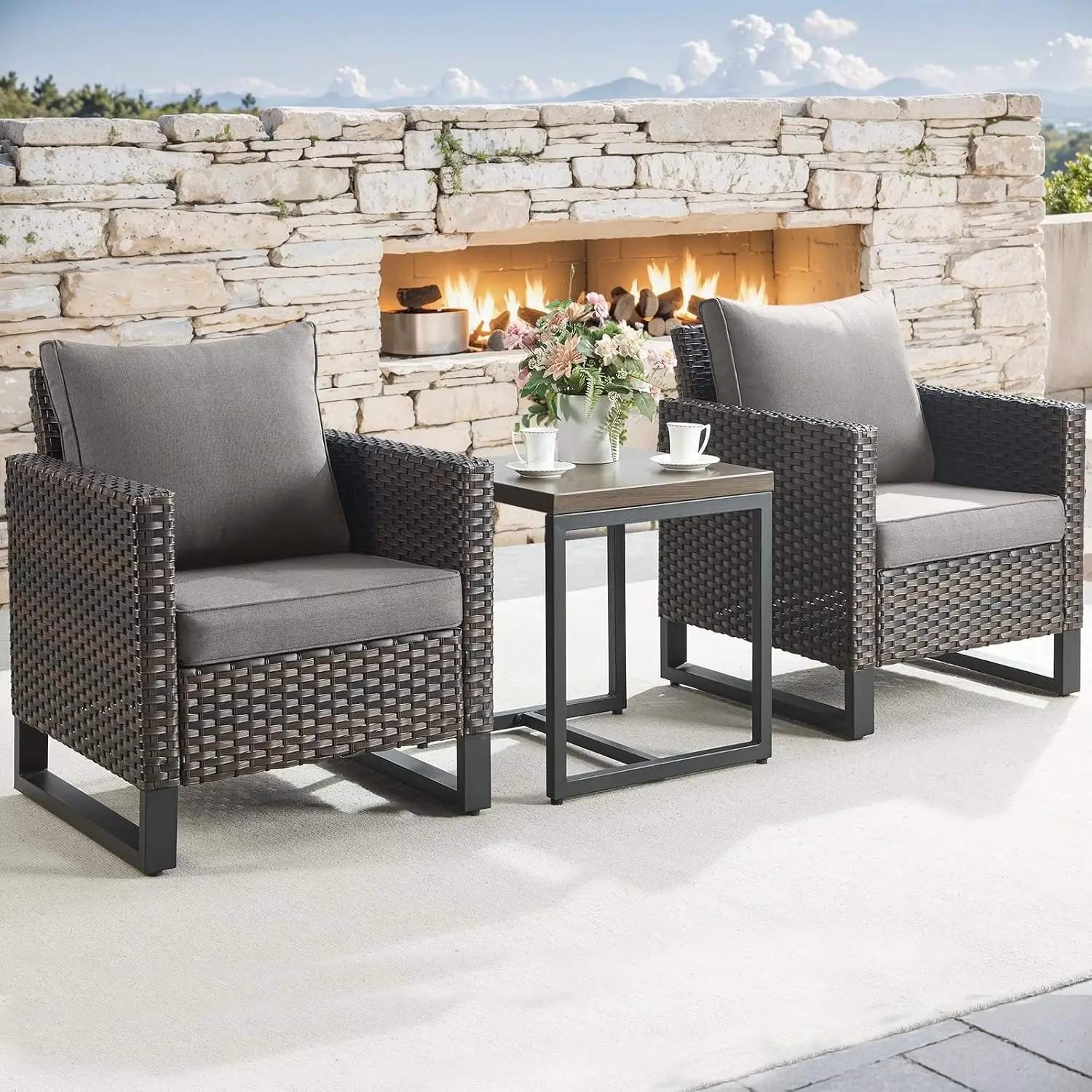 

Набор плетеных стульев для патио на открытом воздухе — набор стульев для бистро из трех предметов из ротанговой мебели с водонепроницаемыми плетеными удобными подушками a