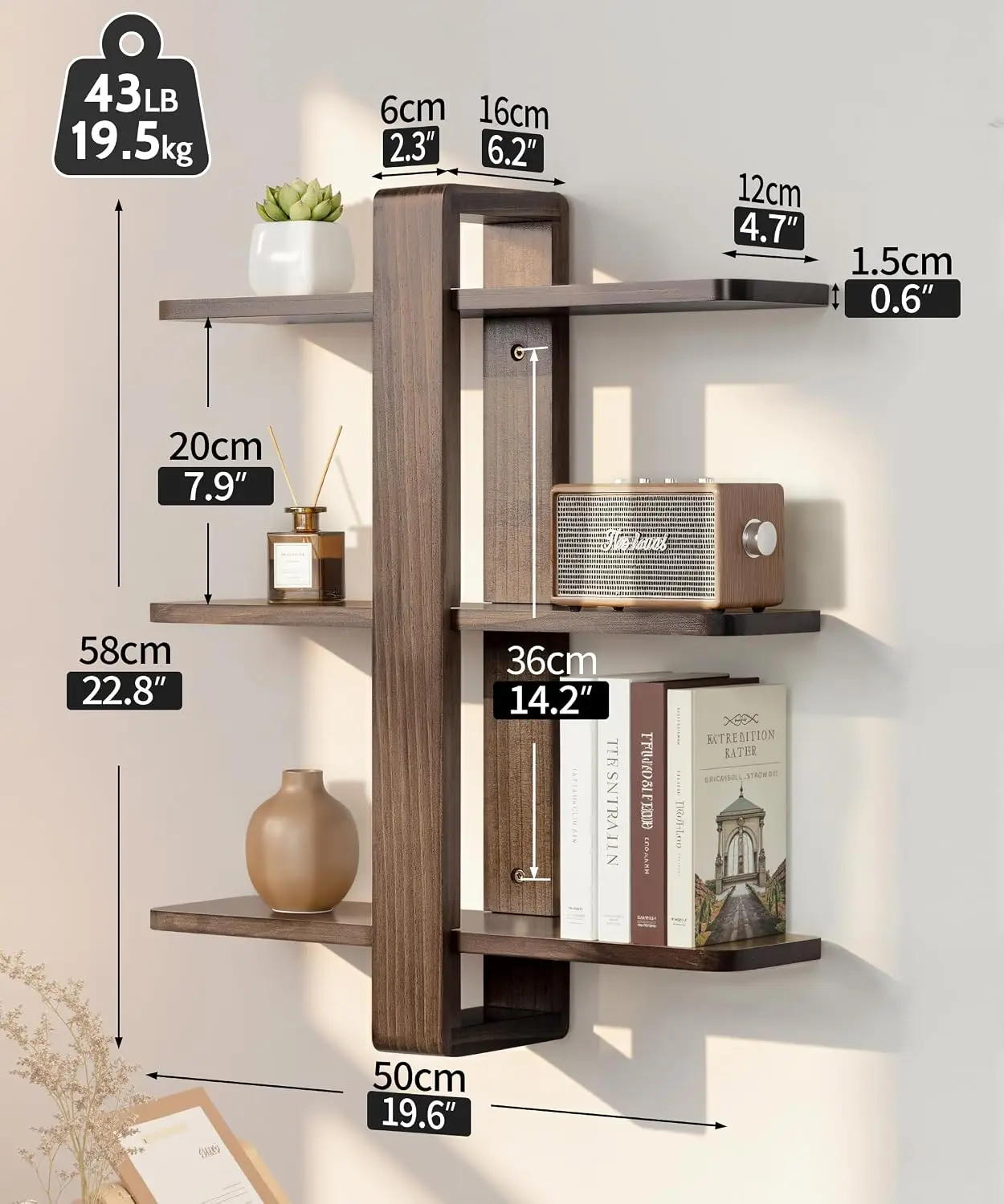 Floating Shelves for Wall Walnut Shelf Unit Mid Century Modern Decor | 3 Tier 20in Adjustable Shelving, Decorative All Pine Wood