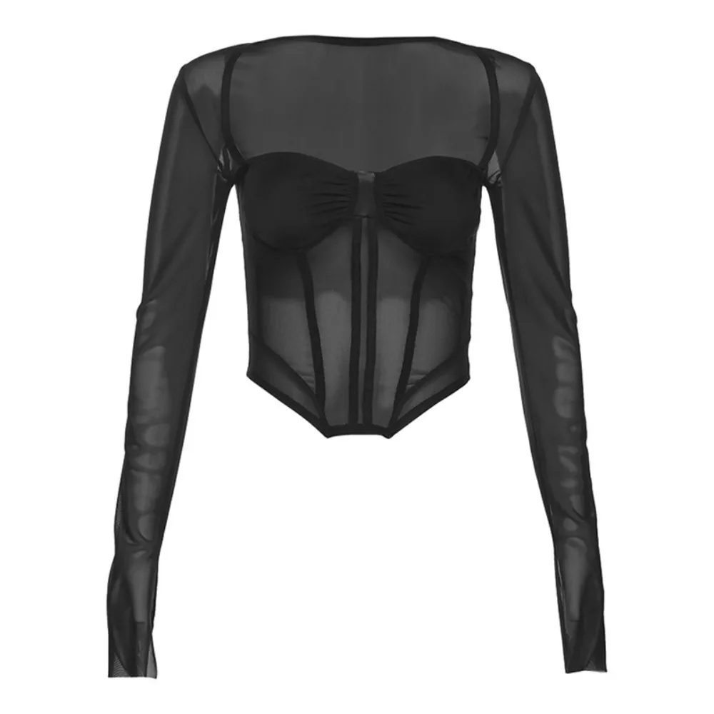 

Ins Transparent Mesh Fishbone Tops Pullover Y2k Mesh Long Sleeve Tops Thin Spicy Girl Style Slim Crop Tops Spring Summer