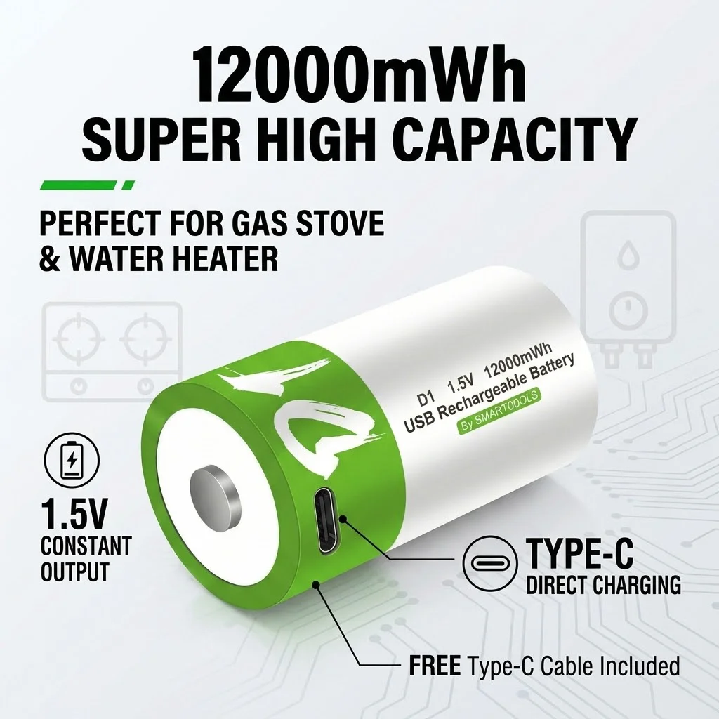 1.5V 12000mWh LR20 D1 rechargeable lithium battery built with Type-C cord for home gas stove water heater heating gear supplies