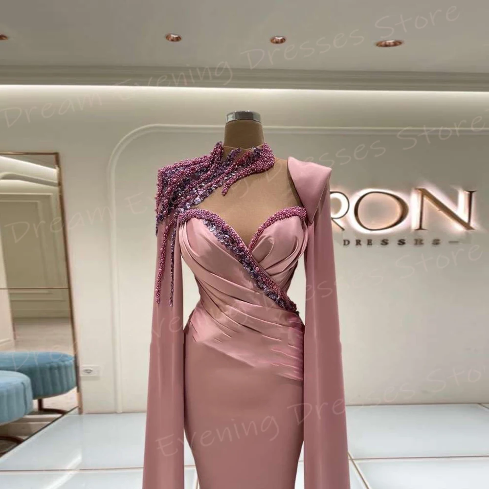 Robe de Soirée de Forme Sirène pour Femme, Tenue Élégante et Moderne, de Couleur Rose, à Manches Cape, avec Perles, pour Bal de Promo, Tout Populaire, Nouvelle Collection 2024