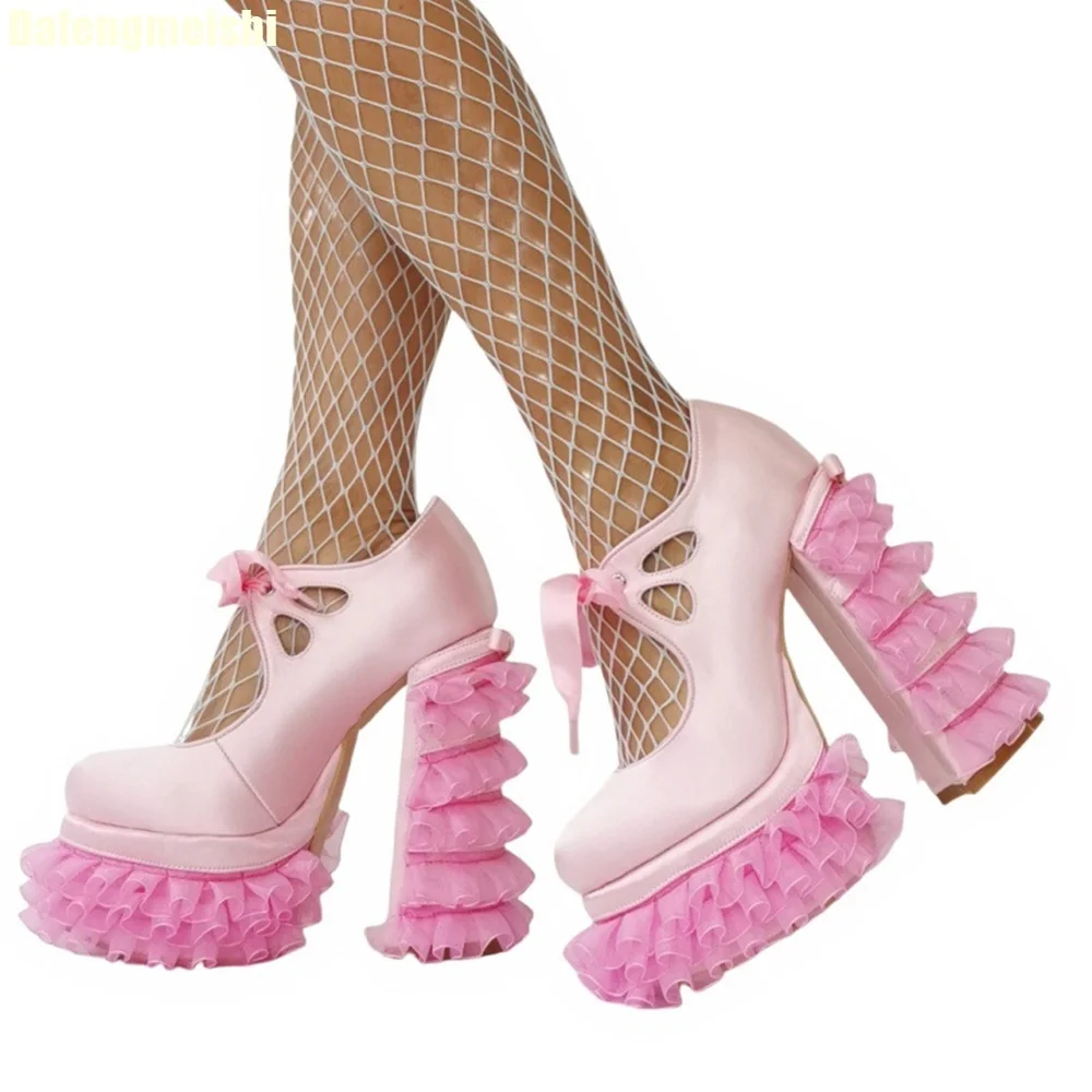 Pink Satin Lace Edge Platform Sandals Sweet Hot Girl Lolita Chunky Heel Shallow Pumps 2025 New Lace-Up Large Size 47 High Heels - Image 5