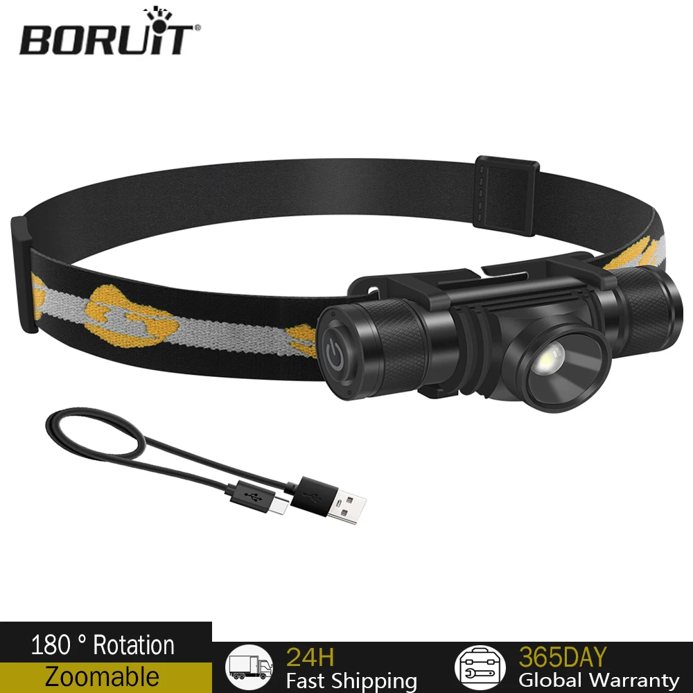 BORUiT D20 LED Headlamp 1000LM Powerful Headlight Zoom 18650 Type-C Rechargeable Torch Work Lamp Fishing Camping Head Flashlight