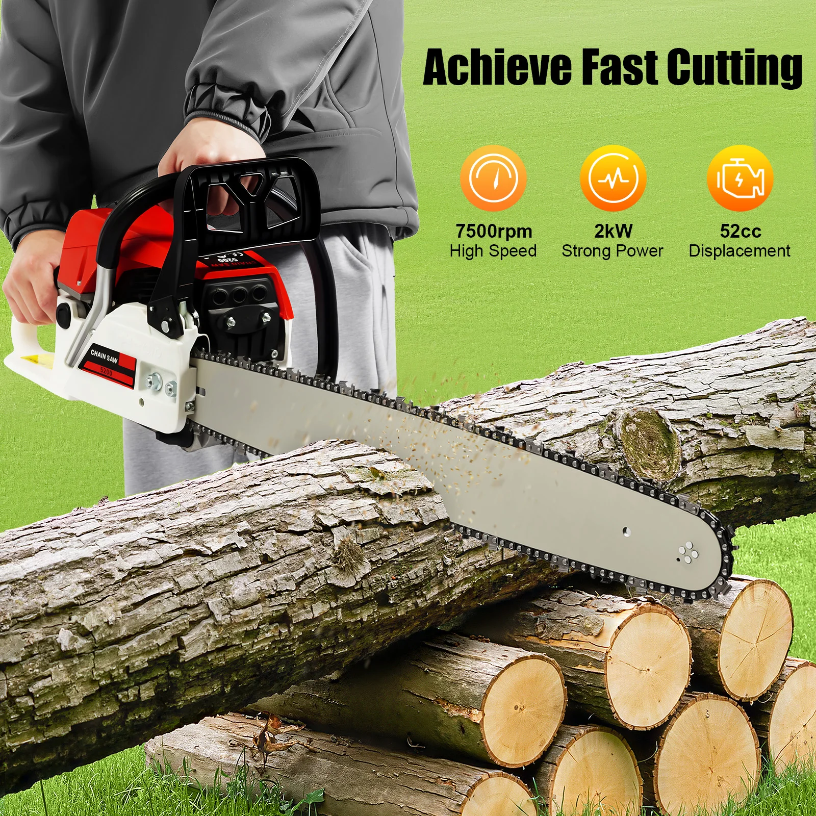 

22 Inch Gas Chainsaw 52cc Gasoline Powered Chain Saw 2-Stroke Handheld Cordless Petrol Chainsaws w/ Quick Start System