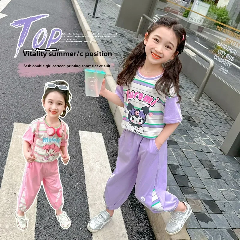 

Sanrio Anime Kuromi Girls Short Sleeve Set My Melody Kawaii Tops Summer Sweet Cute Casual Pants Babys Birthday Gifts for Kid