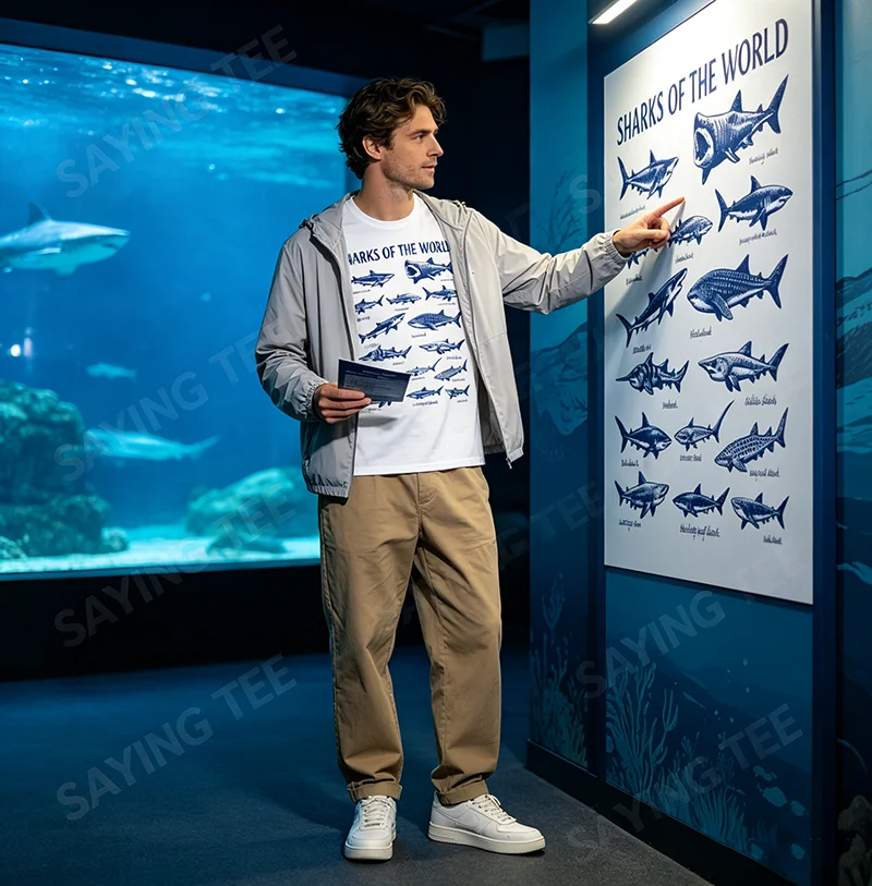 Sharks of The World Vintage Ocean Marine Life Guide T-Shirt Y2k Art Biology Ocean Nature Aesthetics Kleidung für Damen Herren Outfit – Detail 3