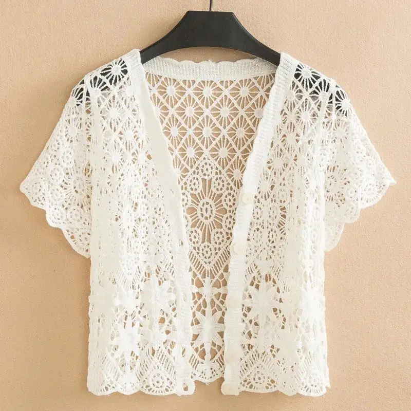 Women\'s Summer Thin Knitted Cardigan Korean Version V-Neck Top Hollowed Out Embroidered Lace Short Tops Ropa De Mujer Ofertas