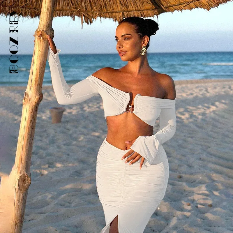 BoozRey Sexy Outfits Set Long Sleeve Split Back Dress Set Female Cover Up Beach Bathing Suits Playa Swimsuit Cape For Women Suit