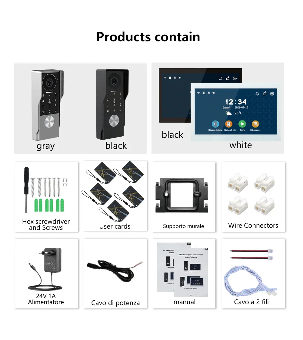 TUYA ICカードPINロック解除機能付き2線式金属製ドアベルビデオ、24個のIPカメラ対応スマートビデオインターホンシステム（家庭用、1080P）