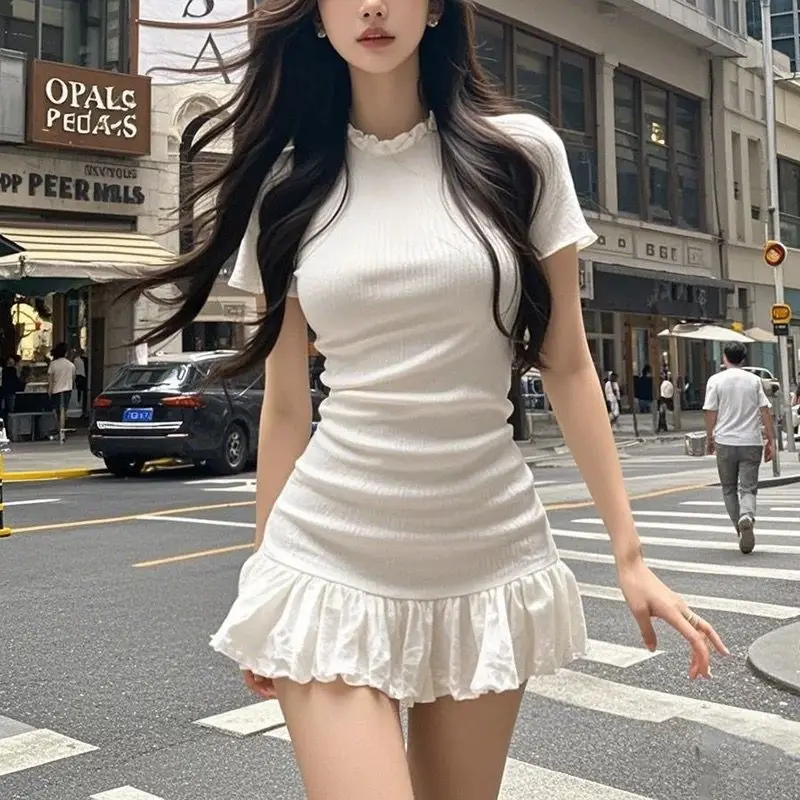 

Women's Korean Style Short Sleeve Pleated Collar Dress Summer Trendy Casual Lightweight Fashionable Wear